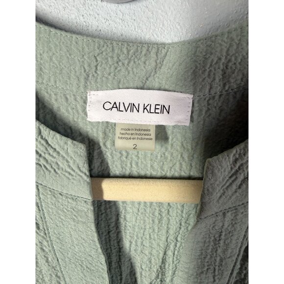 Calvin Klein Womens Textured Tiered Dress Size 2 Sage Green Split Neckline Tie - Picture 12 of 14